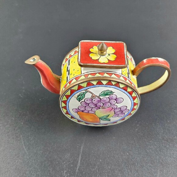 Miniature Enameled Teapot – Fruits Design – 3.5" Tall - Picture 4 of 12